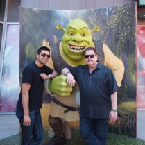 Rob & Dave outside wax museum in Hollywood with Shrek figure