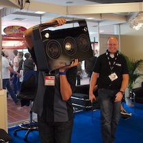 Rob enjoying some tunes at our booth on the 3-speaker Boombox by TDK