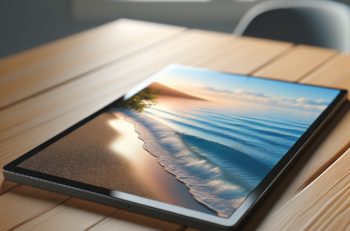 Tablet on a table display an image of a beach