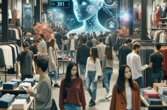 Shoppers browsing clothes with an AI on a screen in the background
