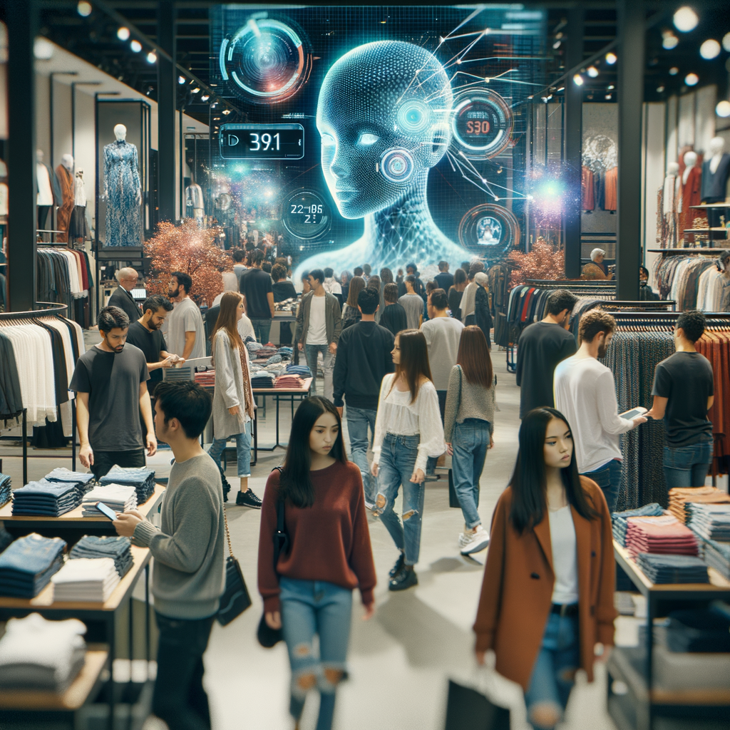 Shoppers browsing clothes with an AI on a screen in the background